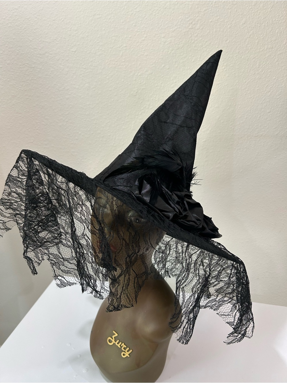 Hat for Witch Halloween Costume With Lace Veil and Feather and Flower Detail, OS